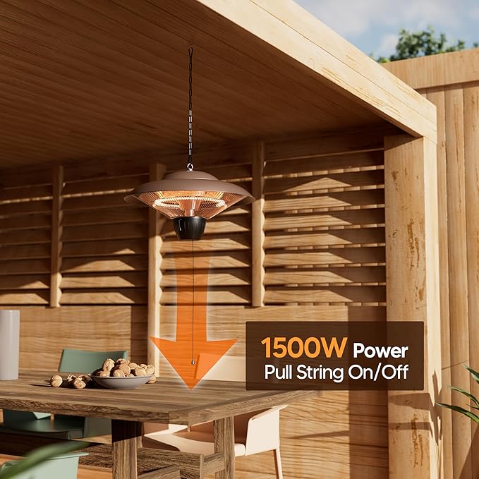 Patio Heater for Outdoor Use 1500W Electric Infrared Hanging Heater, Ceiling Mounted, Waterproof for Porch, Garage, Balcony, Overheat Protection Brown