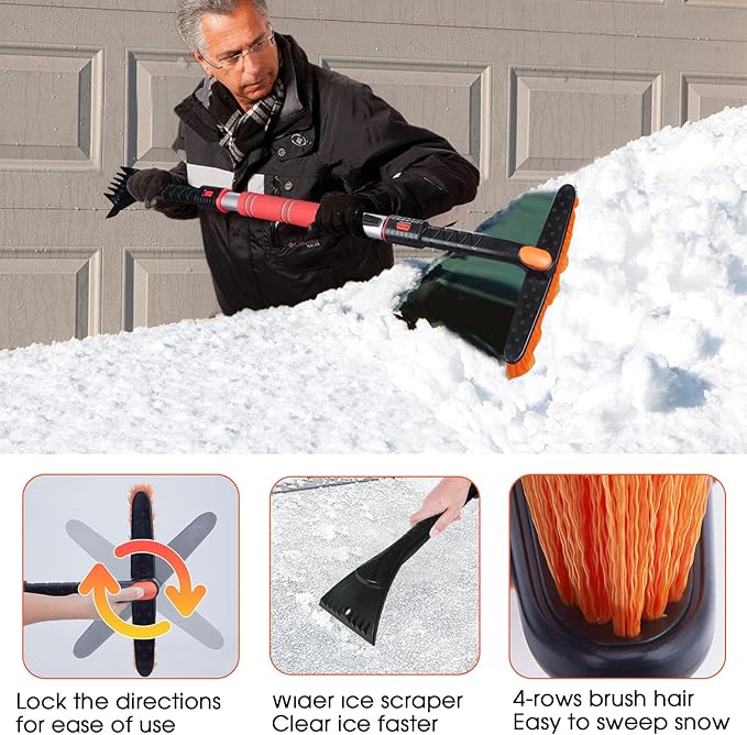 FOVAL 47.2" Extendable Snow Brush and Wider Ice Scraper (4.73" Width) with 360° Pivoting Brush Head, Snow Removal Tool Car Brush with Comfortable Foam Grip for Car Windshield, Trucks, SUVs