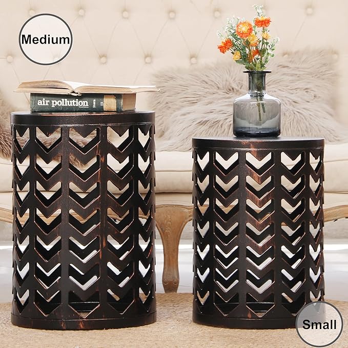 Y&M Set of 3 Heavy-Duty Round End Table, Side Table, Coffee Table for Indoor Multifunctional Use, Outdoor Decorative Garden Stool Plant Stand-Retro Black with Bronze (Ship from US)
