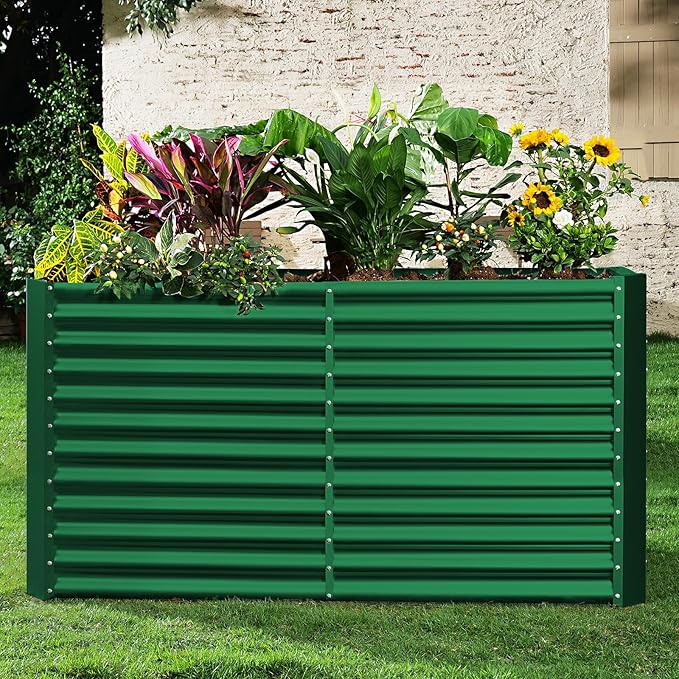 Land Guard 8x4x3ft Rectangular Galvanized Raised Garden Beds, Large-Capacity Metal Planter Box Outdoor, Durable Deep Raised Garden Bed 3ft Tall, Raised Beds for Gardening Vegetables, Forest Green