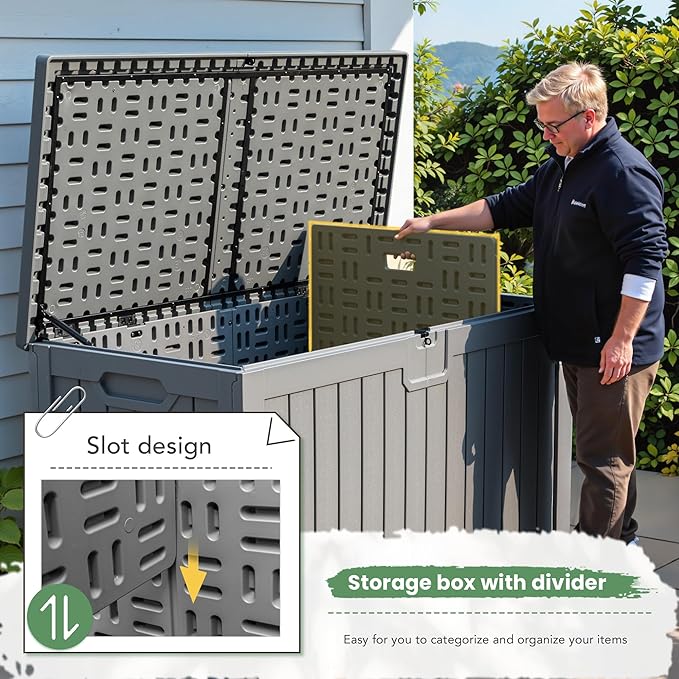 Greesum 230 Gallon HDPE Outdoor Storage Box with Removable Dividers, Weatherproof Oversized Deck Box for Patio, Garage, Garden, Gray