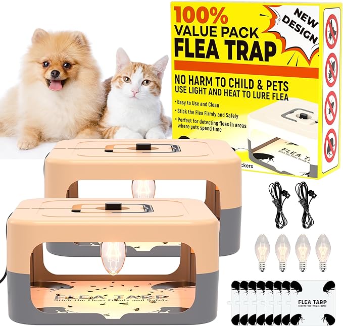 2 Pack Flea Traps for Inside Your Home, Flea Light Traps for Home Indoor with 4 Bulbs and 8 Sticky Discs, Bed Bug Trap Safe to Pets and Kids