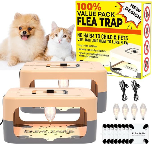 2 Pack Flea Traps for Inside Your Home, Flea Light Traps for Home Indoor with 4 Bulbs and 8 Sticky Discs, Bed Bug Trap Safe to Pets and Kids
