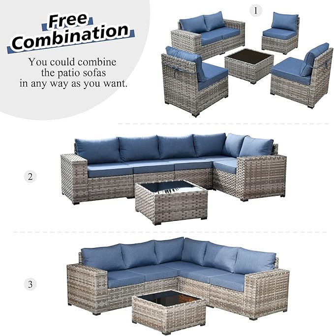 HOOOWOOO 10 Piece Modular Patio Outdoor Sectional Furniture Set with Gas Propane Fire Pit Table,Wicker Conversation Sofa Set with Swivel Chairs,Outside Couch Set(Denim Blue)