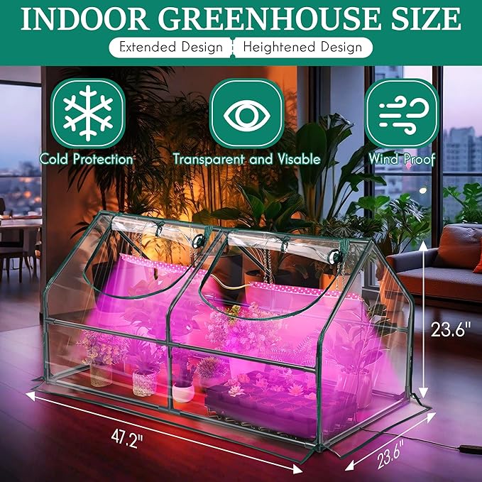 Meonum Indoor Greenhouse with Grow Light, 47.2 L x 23.6 L x 23.6 W Small to Medium Portable Greenhouse with 13W Dimmable Dual Plant Lamp, Timing Function and PVC Cover for Seed Starting