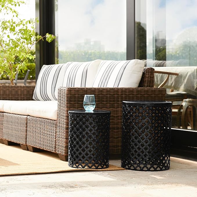Glitzhome Outdoor Side Table Set of 2, Decorative Garden Stool for Indoor Outdoor Heavy Duty Metal Frame Modern Accent Table, Black