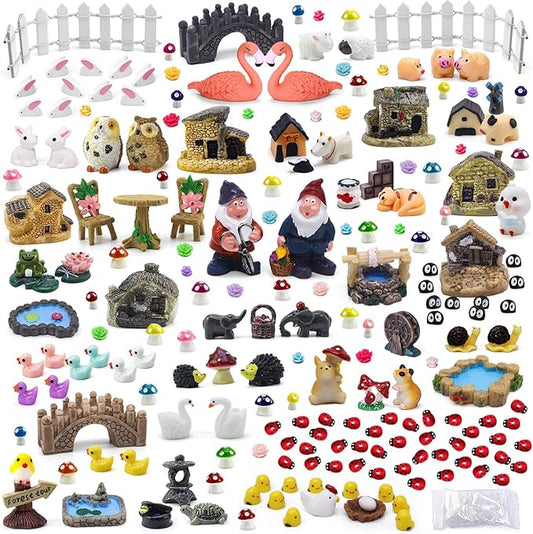 Tardigrade 200 Pieces Fairy Garden Accessories, Fairy Garden Kit, Fairy Tiny House, Miniature Gnome Figurines, Micro Landscape Ornaments DIY Mini Garden Outdoor Decor Resin Multi Color