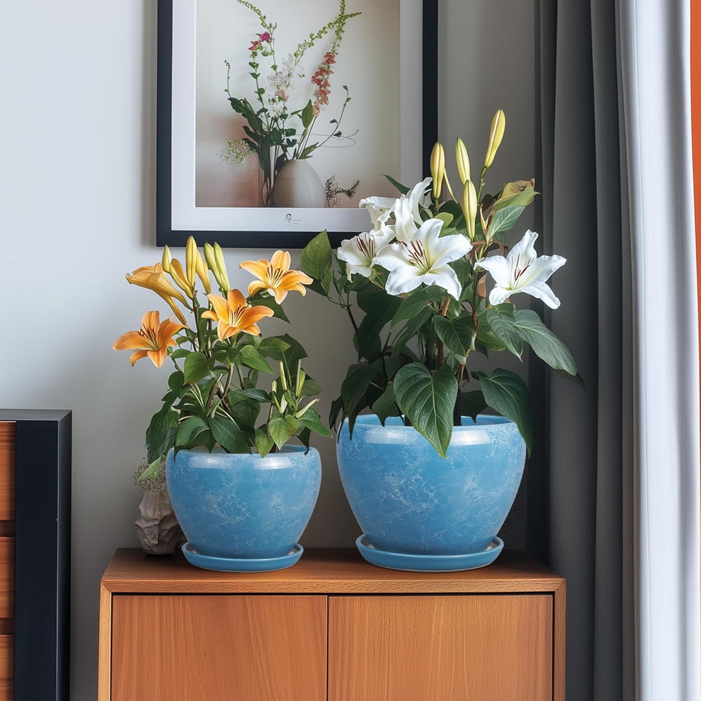 Ceramic Plant Pots - 10+8+6 Inch Modern Round Planters for Indoor Outdoor with Drainage Holes and Plant Saucers, Room Patio House Office Decor, Gardening Gifts for Women Men, Set of 3, Blue