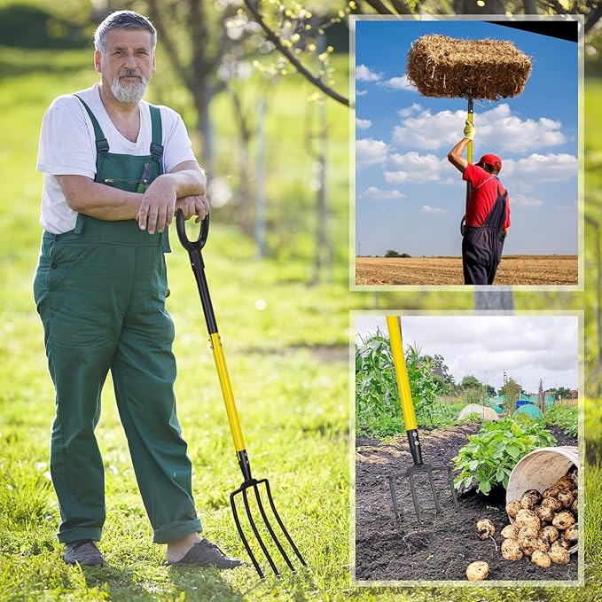 Pitchfork, Steel Tines, Manual Hay Fork, Pitchforks for Gardening Digging Composting Spading,4Tines Garden Fork witn Fiberglass Handle,46Inches (Black)