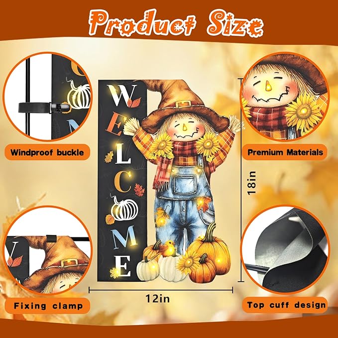 Thanksgiving Lighted Garden Flag, Solar Fall Outdoor Decor Yard Flag,8 Modes 12x18 Double Sided Led Scarecrow Flag Decorations for Home Porch