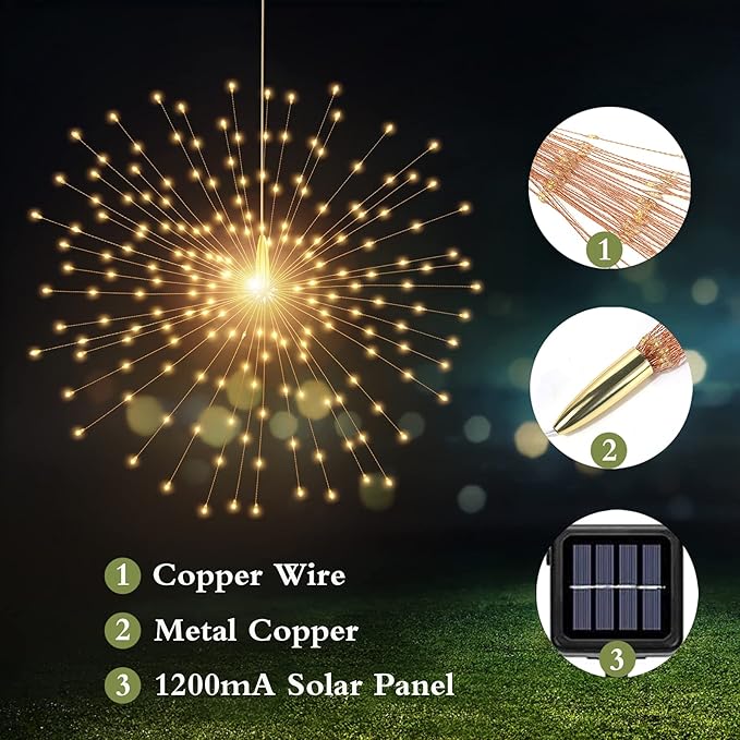 2 Pack Solar Starburst Sphere Lights,200 LED Firework Light 8 Modes Dimmable Waterproof Hanging Fairy Light, Copper Wire Lights for Tents Patio Parties Christmas-NO Remote (Warm White)