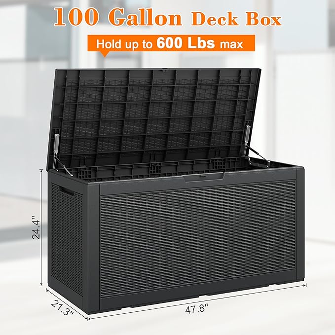 100 Gallon Resin Deck Storage Boxes Outdoor Waterproof, Lockable Outdoor Storage Container for Patio Cushions, Garden Tools, Pool Accessories, Black