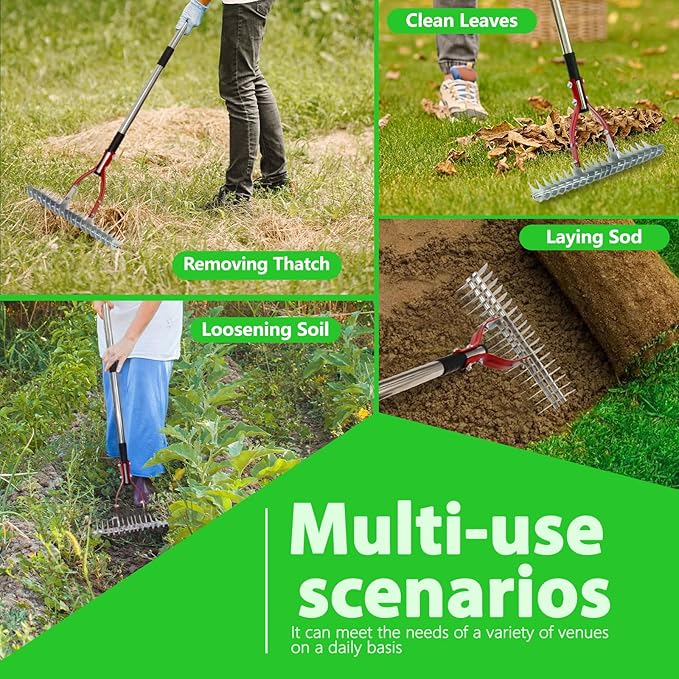 Thatch Rake, 15-inch Lawn Dethatcher Rake, Efficient Steel Metal Rake with Stainless Steel Handle, Heavy Duty Soil Rake, Grass Grooming Rake for Cleaning Dead Grass