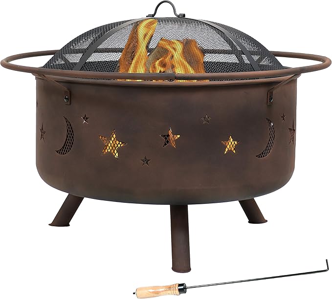 Sunnydaze Cosmic 30-Inch Patio Fire Pit for Outside - Outdoor Wood-Burning Fire Pit with Grill Grate, Spark Screen, and Fireplace Poker
