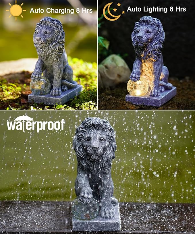 Nacome Guardian Lion Garden Statue: Outdoor Decor Sculpture with Ball Lights for Yard Art Porch Patio - Unique Birthday Gifts for Women Mom