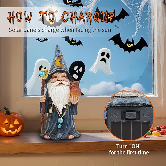 Helloween Solar Gnomes Decoration: 8.7'' Funny Merlin Statue with Owl & Magic Wand for Home Office Party Perfect Collectible Figurines Gift for Womens