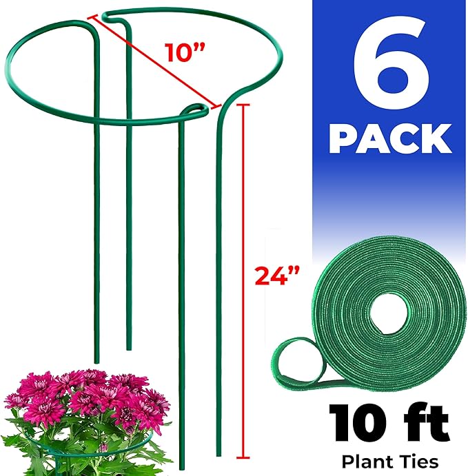 K-Brands Tall Plant Support Stakes – 10"W x 24"H Half Round Peony Cages and Supports for Indoor and Outdoor Plants – Plant Cage Ring Support for Flower - Peony, Tomato, Hydrangea, Rose Bush (6 Pack)