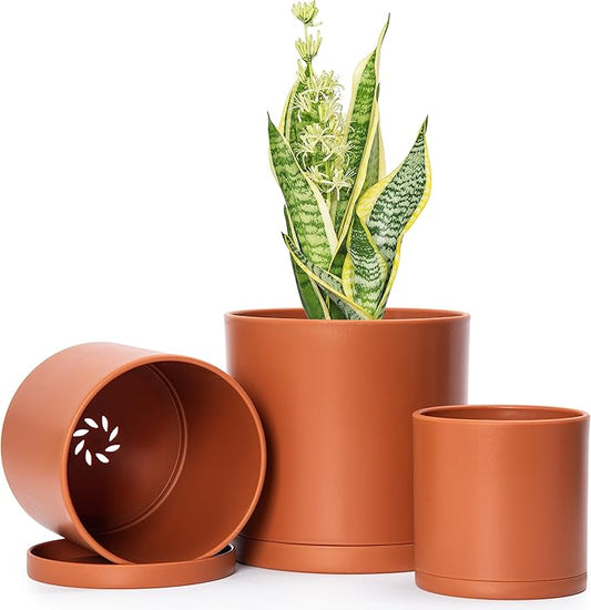 D'vine Dev 4 Inch 5 Inch 6 Inch, Set of 3 Plastic Planter Pots for Plants with Drainage Hole and Seamless Saucers, Terracotta Color, Small, 74-V-C-1