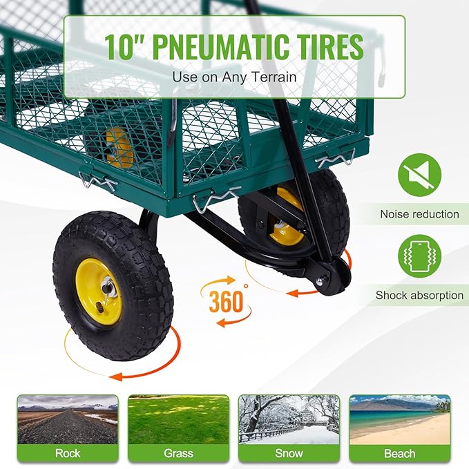 Backyard Expressions Heavy-Duty Steel Garden Cart – 400 lb Capacity, Removable Mesh Sides, Flatbed Convertible Yard Wagon with 10" Pneumatic Tires