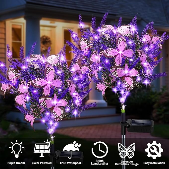Solar Garden Lights Outdoor, 6 Pack Purple Lavender Solar Butterfly Lights Gardening Gifts for Women,Artificial Flowers Light Purple Halloween Garden Decor for Patio Yard Lawn Christmas