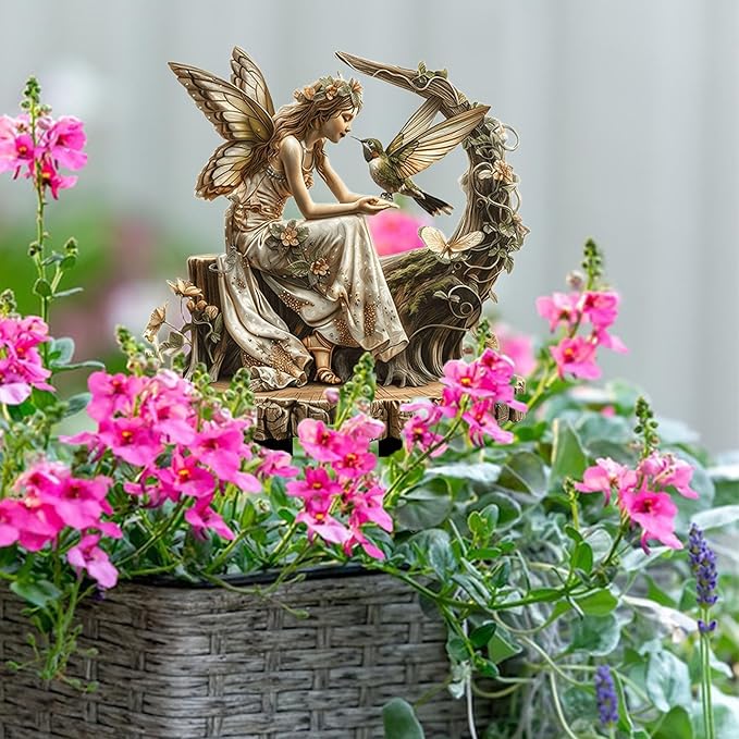 Fairy Garden Stake Decor, 2D Flat Acrylic Fairy Garden Decor Panel, Elf Yard Sign for Outdoor Indoor Yard Lawn Plants Pots, Fairy Garden Accessories (Flower Fairy with Hummingbird)