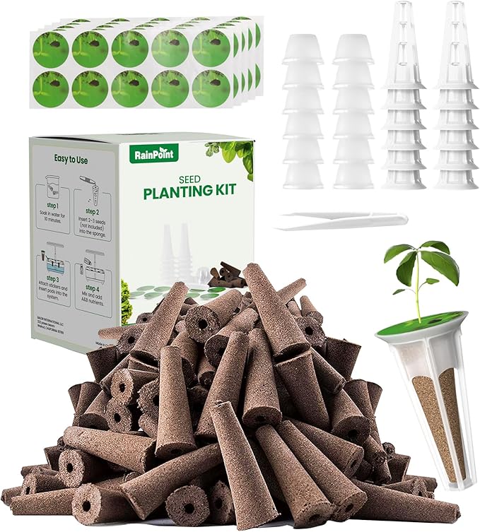RAINPOINT 130pcs Seed Pod Kit, Complete Hydroponics Supplies for All Brands, Grow Anything Kit With 50 Sponges, 12 Baskets, 55 Pod Labels, 12 Domes for Hydroponics Growing System