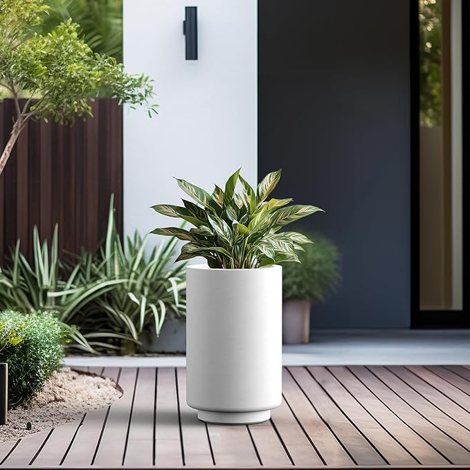 Kante 15.7 Inch Tall Concrete Planter, Round Pedestal Design Garden Pot for Indoor Outdoor Plants, Modern Garden Pot with Drainage Hole, White Finish with Aqua Blue Interior