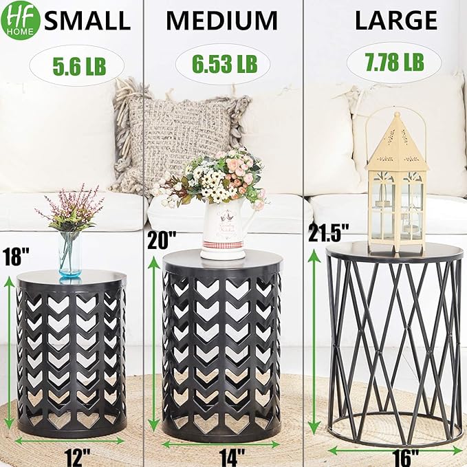 HFHOME Round Metal Coffee End Tables, Set of 3 Modern Furniture Nightstands Decor Side Tables Plant Stand for Home Office Indoor Garden Outdoor- Black