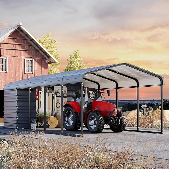 EROMMY 12x25 FT Carport Storage Shed 2-in-1, Heavy Duty Car Port with Galvanized Metal Frame, Base-Reinforced Enclosed Storage Shelter, Extended Coverage for Trucks, Cars & All Vehicles, Gray