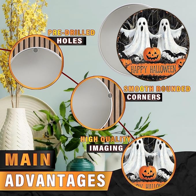 PEACHGARDEN Round Happy Halloween Pumpkin Wreath Vintage Sign Halloween Ghost Metal Tin Sign for Home Bar Kitchen Hotel Dining Room Coffee 8x8inch