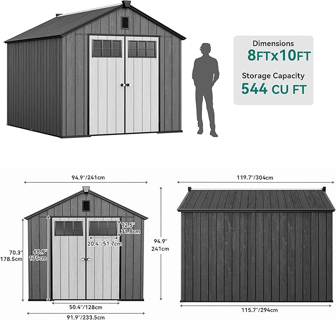 YITAHOME 8x10 FT Outdoor Storage Shed with Floor, Plastic Garden Shed for Bikes, Tools, and Pool Supplies, Outdoor Resin Shed with Lockable Doors, Windows, and Vents for Patio, Lawn, Backyard, Black
