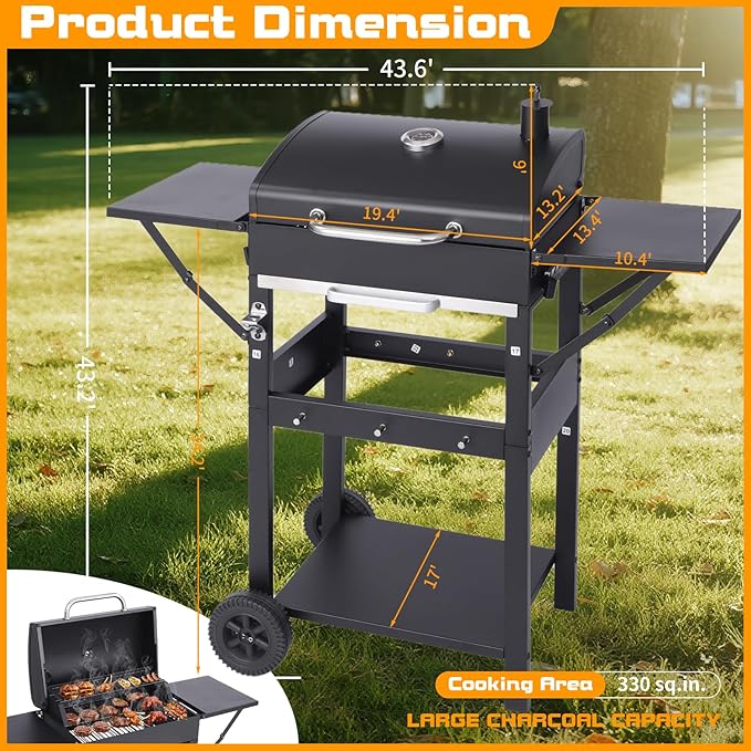 CIG GARDEN 20-Inch Charcoal Grill with 2 Foldable Side Tables,Portable Grill Charcoal with 330 Sq.In.Cooking Area,Enamel Steel Wiring Charcoal Grill with Pull-out Charcoal Trays for Outdoor Cooking