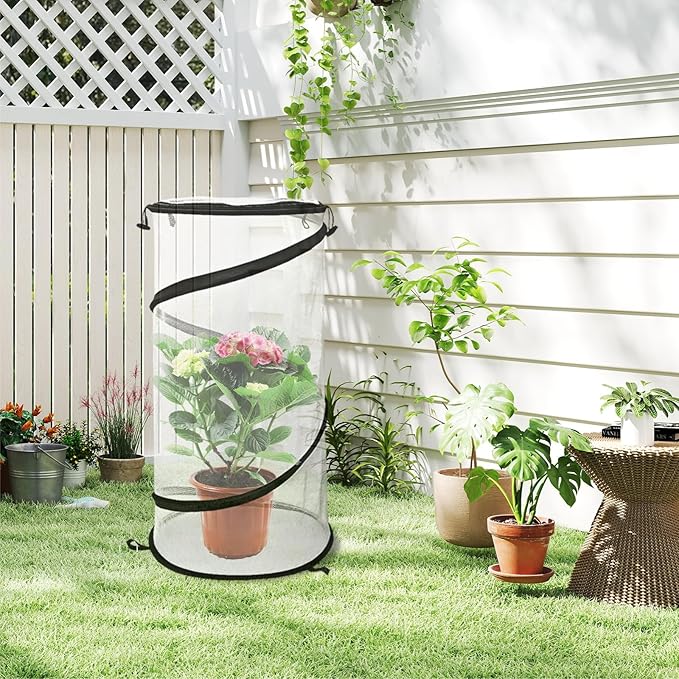 4 Pack Pop Up Plant Covers from Animals, 12"x 24"Round Foldable Insect Barrier Net Garden Plant Protectors with Stakes & Zipper, Bird Protection for Outdoor Vegetables Flowers Fruits Plants