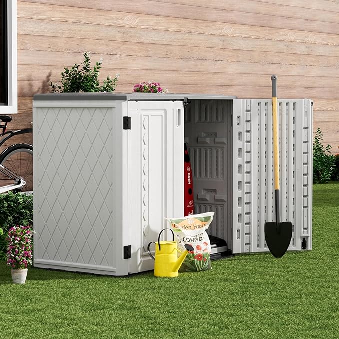 ZZM 4x3FT Heavy-Duty Outdoor Storage Shed | 34 Cu.Ft Waterproof Resin Cabinet with Double-Wall | UV-Resistant & Lockable for Garden Tools, Bikes, Patio Furniture (Wood Grain Texture)