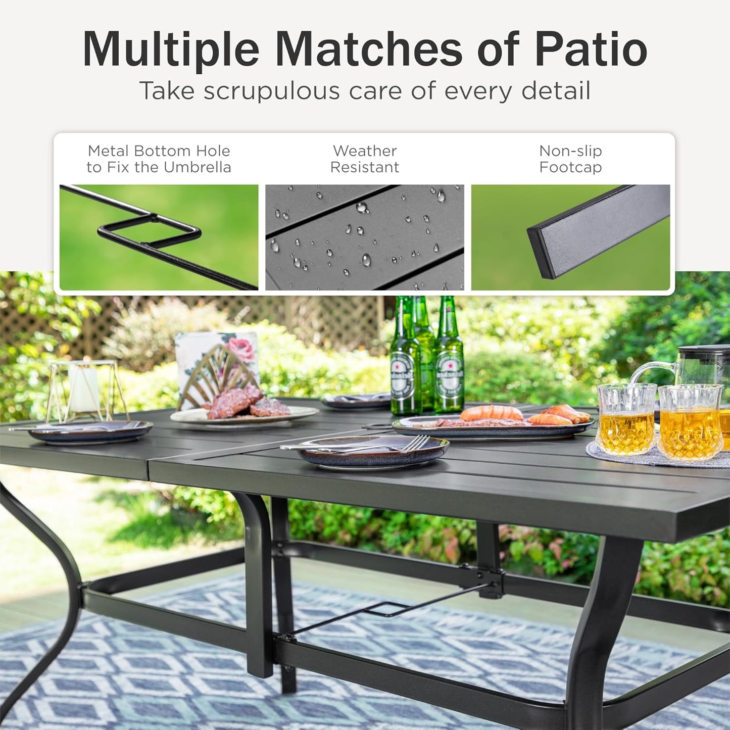 PHI VILLA Outdoor Dining Table for 6, 60" Long Rectangular Metal Wrought Iron Table with Umbrella Hole, All-Weather Large Furniture for Patio, Backyard, Porch