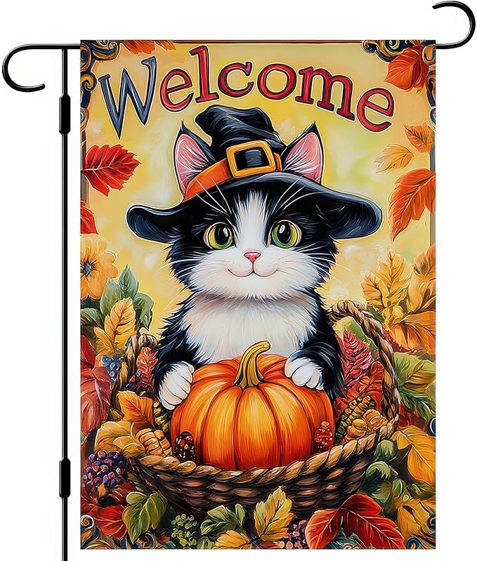 Thanksgiving Fall Garden Flag 12x18 Inch Welcome Cat with Pumpkin Outdoor Flag Double Sided Autumn Kitten Yard Banner with Witch Hat Basket Harvest Decor for Porch Lawn