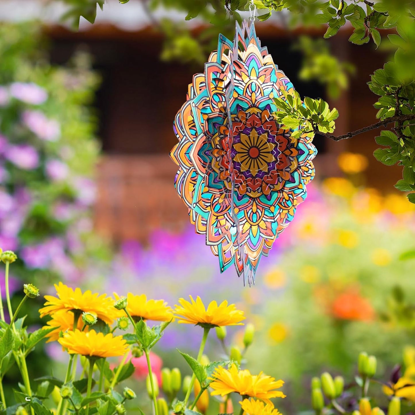 Mandala Daisy Wind Spinner - 12In 3D Kinetic Metal Wind Spinners, Stainless Steel Laser Cut Hanging Wind Sculpture, Indoor/Outdoor Garden & Yard Art Decor Gifts for Women, Men & Holidays