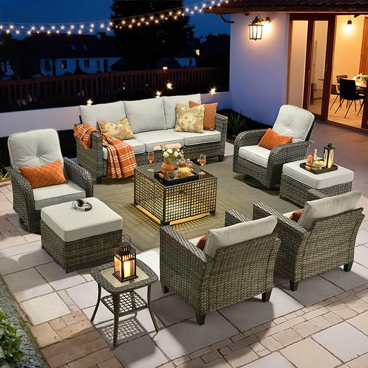 HOOOWOOO Outdoor Patio Furniture Set,9 Pieces Wicker Conversation Set,All Weather Couch Set with Swivel Chairs Solar Light Table Ottoman 9 Seaters for Out Door Yard(Light Gray)
