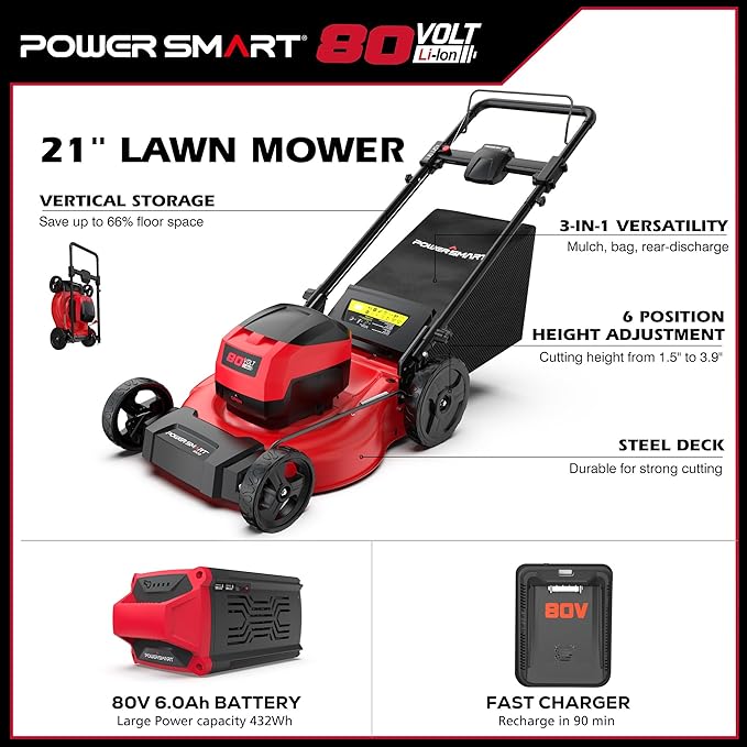 Powersmart 80V 21" Brushless Cordless Lawn Mower (Push) Battery Lawn Mower with 6.0Ah Battery and Charger