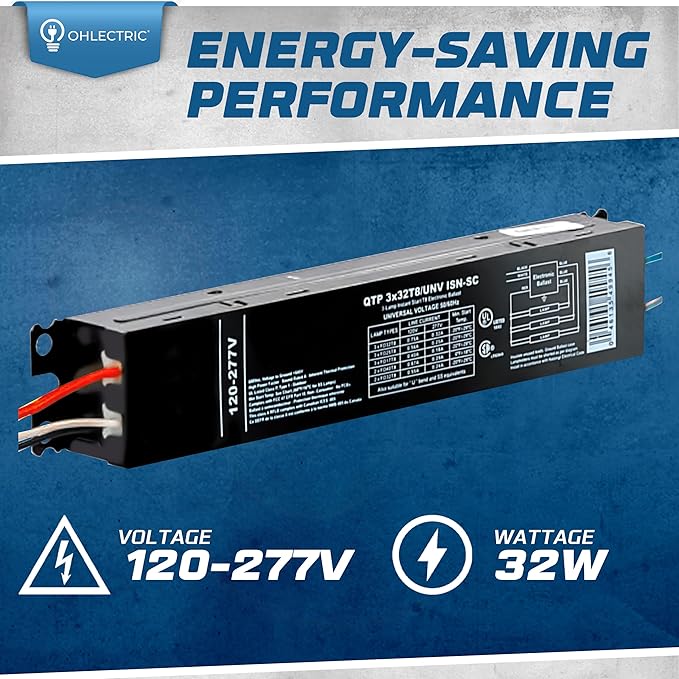 OHLECTRIC Replacement for Sylvania Ballast QTP 3X32T8/UNV ISN-SC, Philips ICN-3P32-N, Keystone KTEB-332-UV-IS-N-P, for 3 Fluorescent T8 Lamps - 120-277V - 32 Watt