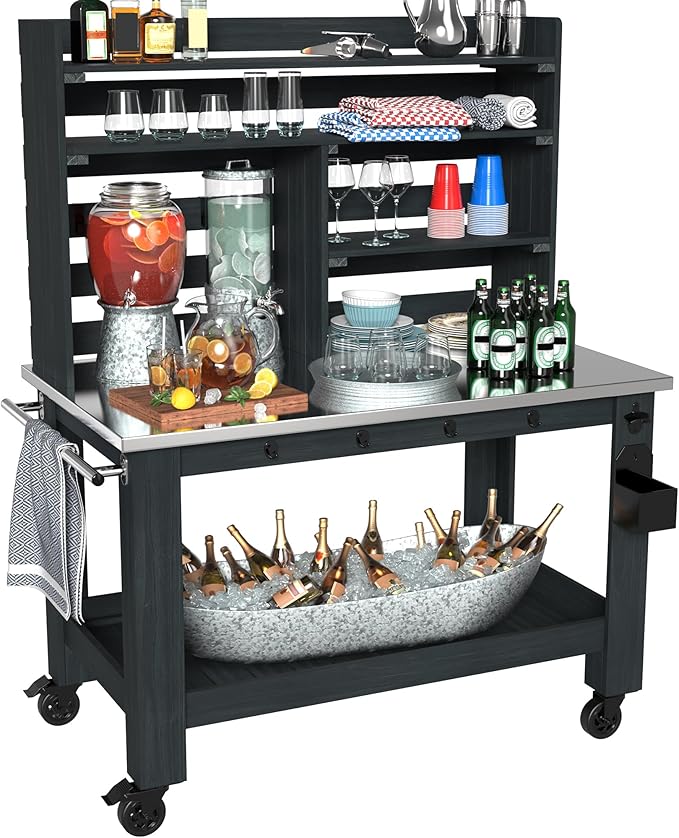 GDLF Potting Bench Table Large Outdoor Kitchen Island Prep Station with Stainless Steel Top Waterproof Cover, Hardwood, 66.9" H