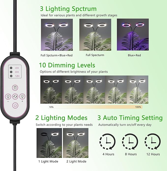 Grow Light for Indoor Plants, 2 Head Full Spectrum LED Tall Plant Lights with Timer, 3 Color Modes Standing Floor Growing Lamp, 70" Height Adjustable, 10 Dimmable Levels for Large Plants