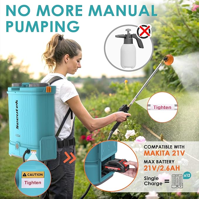 Seeutek Backpack Sprayer Battery Powered 4.2 Gallon, 0-100 PSI Electric Back Pack Sprayer with Mix Function, Weed Yard Sprayer with Telescopic Wand, 6 Nozzles, 21V 2.6Ah Battery & Charger Included