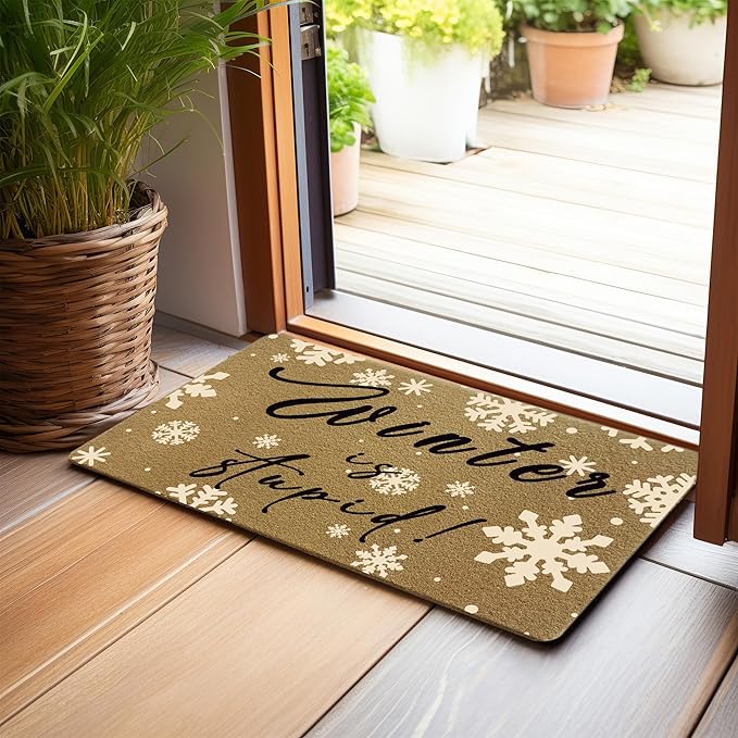 Funny Winter Faux Coir Door Mats Outdoor, Holiday Winter Christmas Door Mat for Home Outside Entryway, Christmas Snowflake Welcome Doormat for Indoor Outdoor Porch Entrance, 17x30 Inch