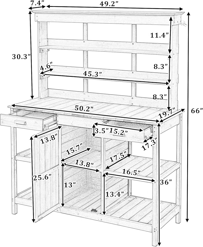 Merax 66" Large Outdoor Farmhouse Wooden Potting Bench Table, Garden Workstation with 2 Drawers, Cabinet, and Open Shelves for Backyard, Mudroom, Brown
