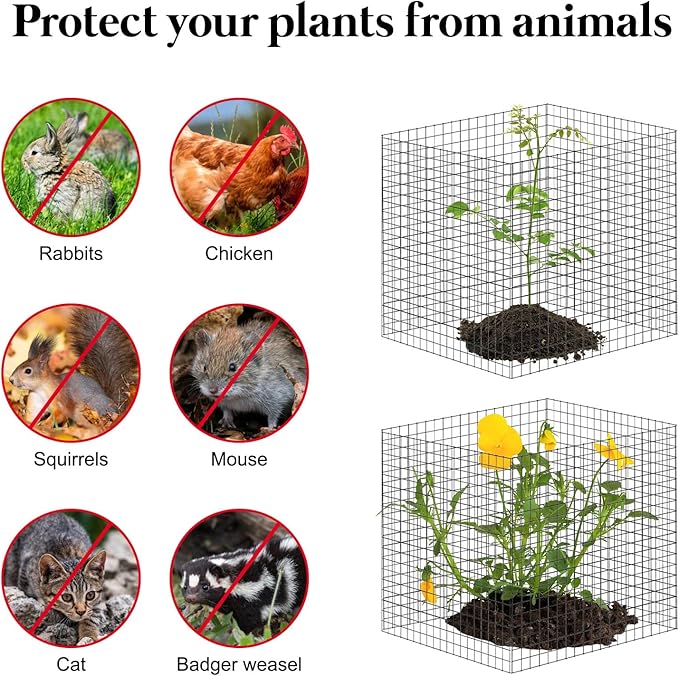 10 Pack Plant Protector from Animals, 12'' x 12'' Square Metal Plant Cages Wire Plant Protectors 40pcs Metal Mesh to Keep Animals Out, Garden Protection Bunny Barricades for Garden Flowers Vegetables