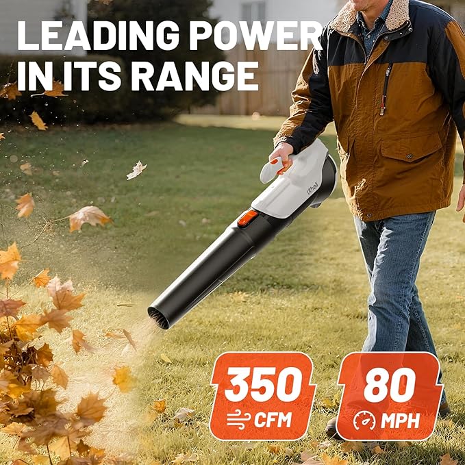 Litheli 20V Cordless Leaf Blower, Dual 2×2.0Ah Batteries Included, 350CFM/85MPH, 2-Speed Lightweight Handheld Electric Blower for Lawn, Patio, Dust & Leaves