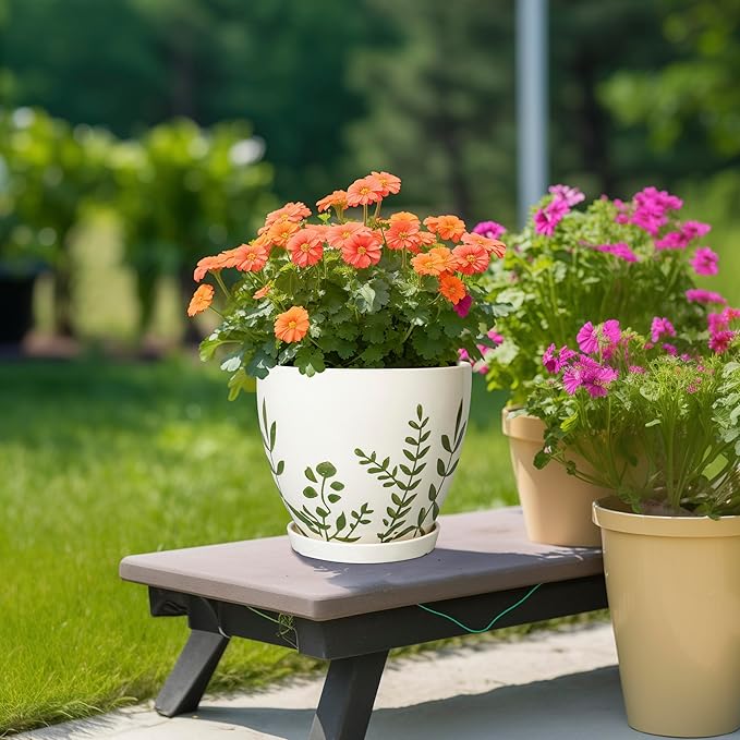 Ceramic Pot for Plants 8.2 Inch - Indoor Plant Pot with Drainage Hole and Saucer, Decorative Boho Round Outdoor Planter, Gardening Gifts for Women Men, Room Patio Office Home Decor, White