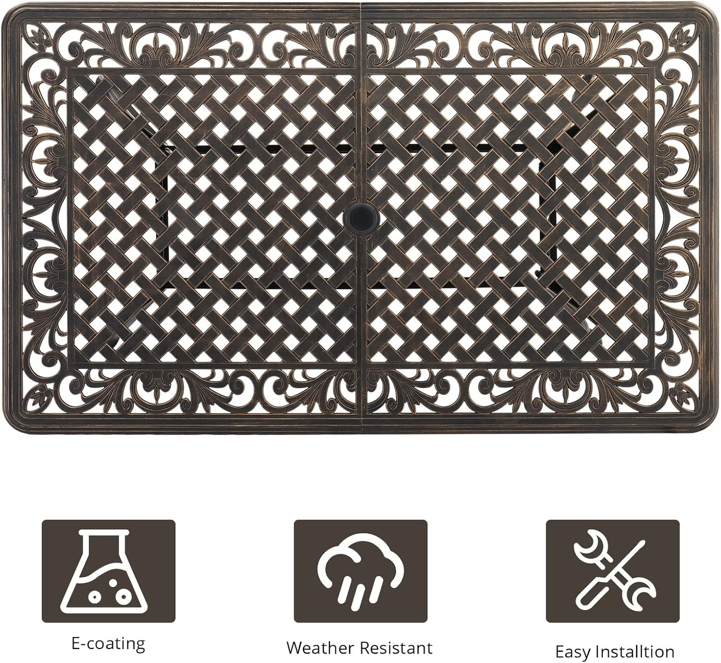 Outvita 59inch Patio Dinning Set, Outdoor Cast Aluminum Large Rectangle Table with Umbrella Hole and 6 Pieces Dining Chairs with Cushion for Backyard Pool Balcony Deck