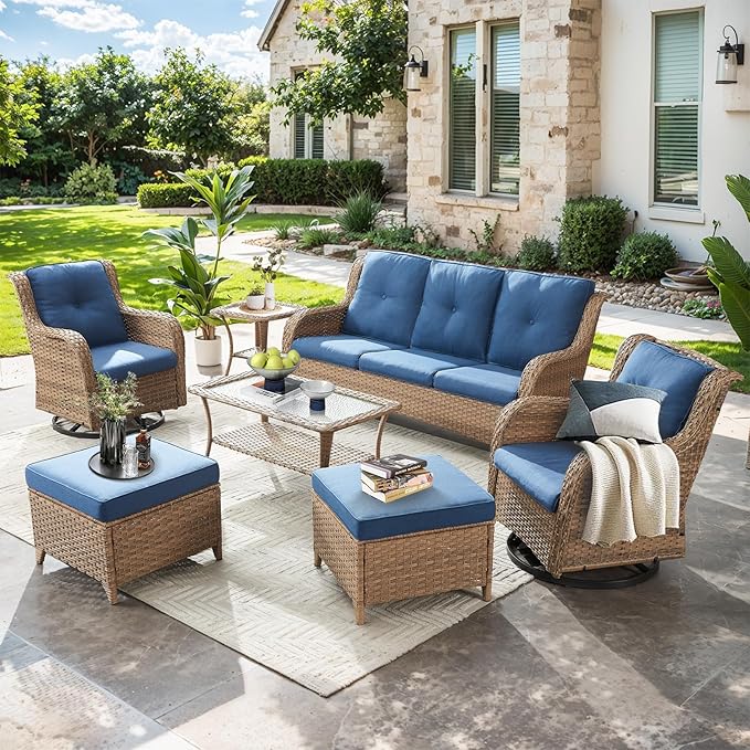 7 Piece Patio Furniture-All-Weather PE Wicker Outdoor Patio Furniture with Swivel Rocker Chairs,Outdoor Couch with Ottomans,Outdoor Furniture Set with Tables,
